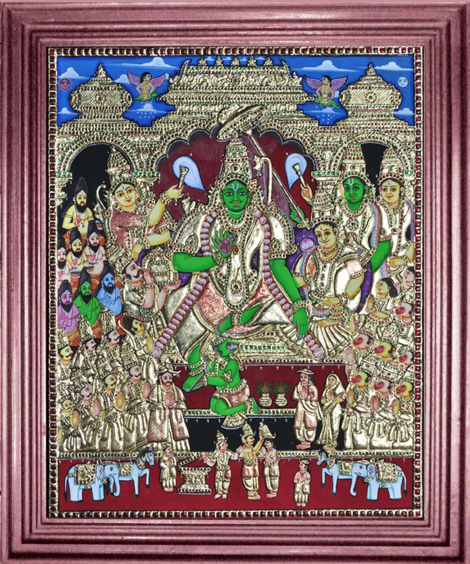 Handcrafted Ramar Pattabishegam Tanjore Painting featuring Lord Rama’s coronation in regal gold tones with Sita, Hanuman, and royal attendants